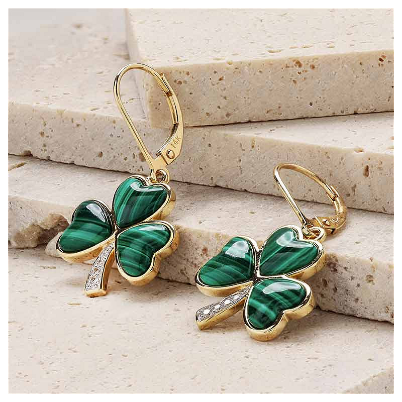 14K Lab Diamond Malachite Shamrock Earrings .08ct