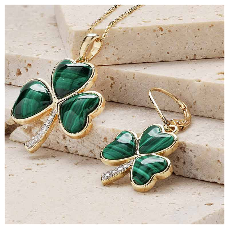 14K Lab Diamond Malachite Shamrock Earrings .08ct