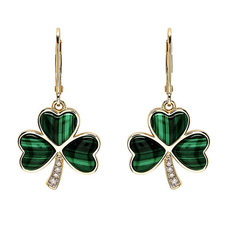 14K Lab Diamond Malachite Shamrock Earrings .08ct