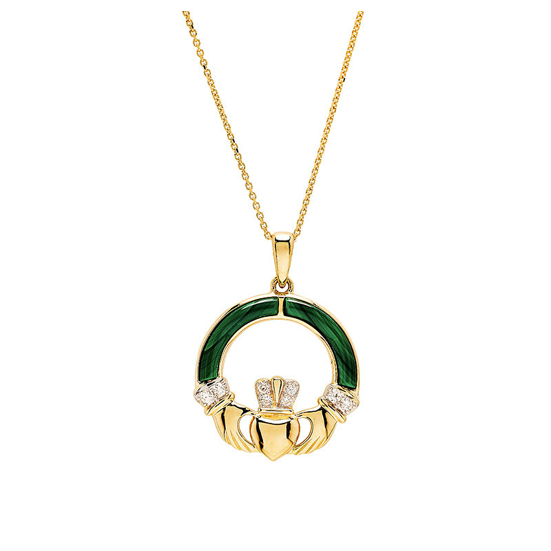 14K Gold Lab Diamond Malachite Claddagh Necklace .06ct