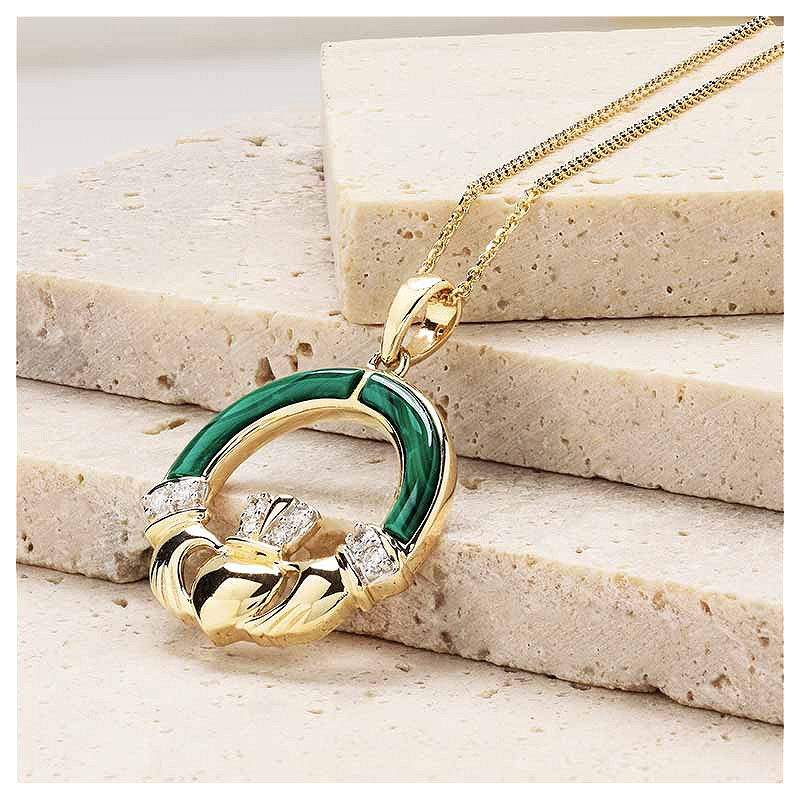 14K Gold Lab Diamond Malachite Claddagh Necklace .06ct