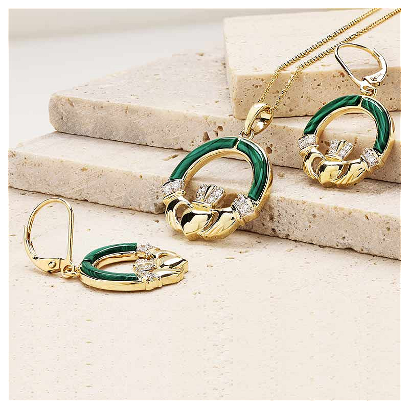 14K Gold Lab Diamond Malachite Claddagh Necklace .06ct