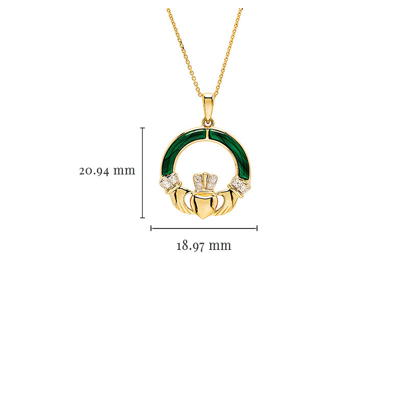 14K Gold Lab Diamond Malachite Claddagh Necklace .06ct
