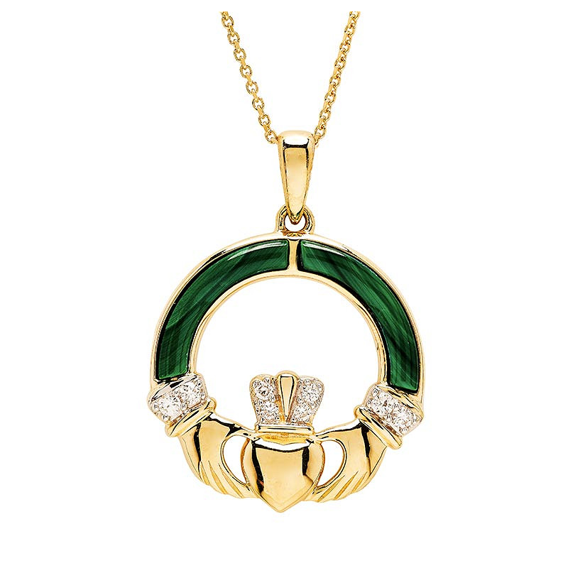 14K Gold Lab Diamond Malachite Claddagh Necklace .06ct