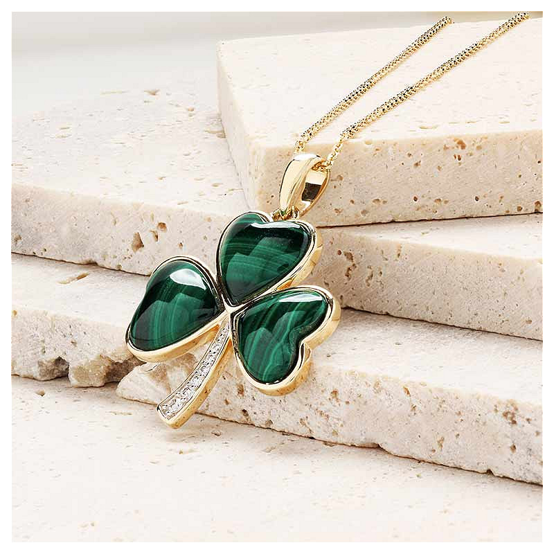 14K Gold Lab Diamond Malachite Shamrock Necklace .05ct