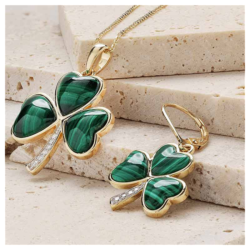 14K Gold Lab Diamond Malachite Shamrock Necklace .05ct
