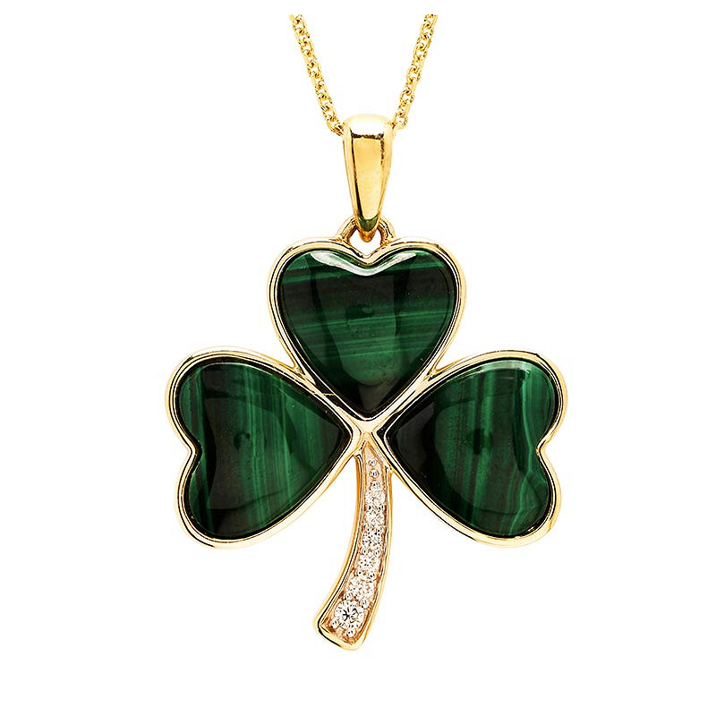 14K Gold Lab Diamond Malachite Shamrock Necklace .05ct