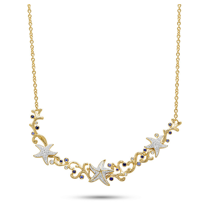 14kt Gold Lab Sapphire and Diamond Star Fish Necklace