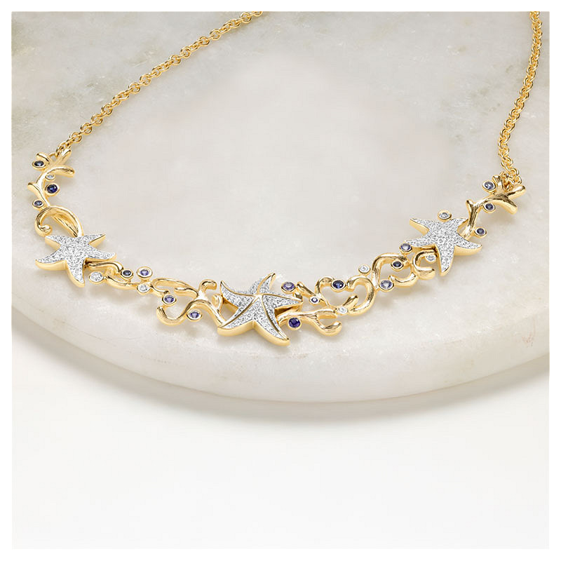 14kt Gold Lab Sapphire and Diamond Star Fish Necklace