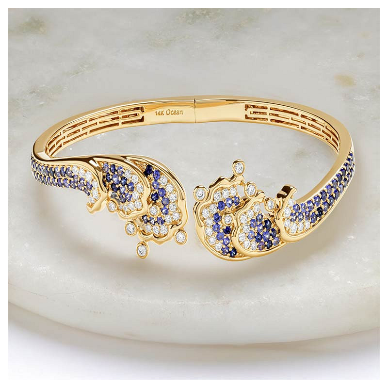 14kt Gold Lab Sapphire and Diamond Wave Bracelet