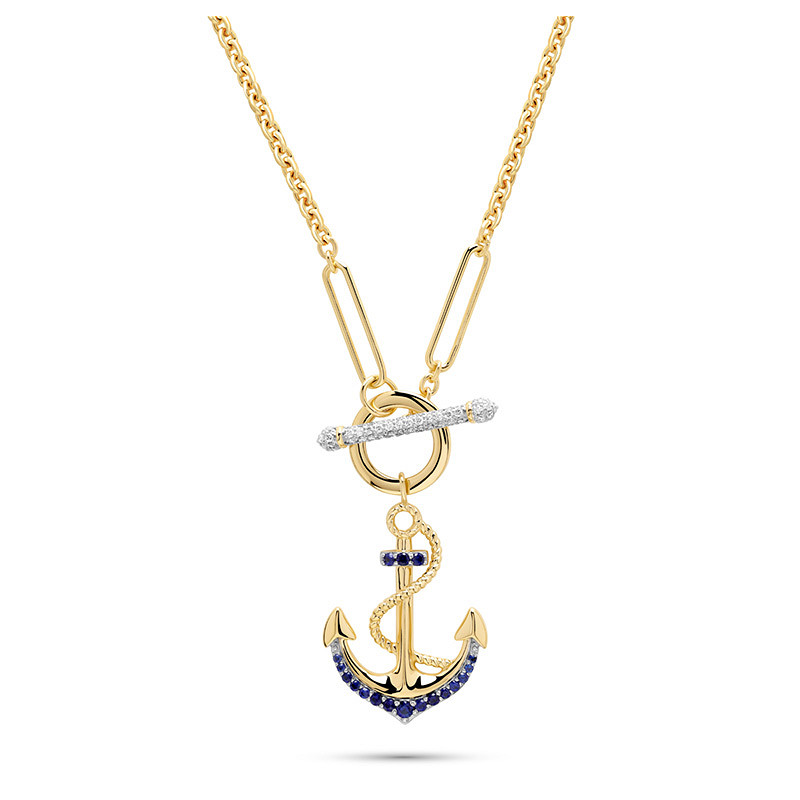 14kt Gold Lab Sapphire and Diamond Anchor Necklace
