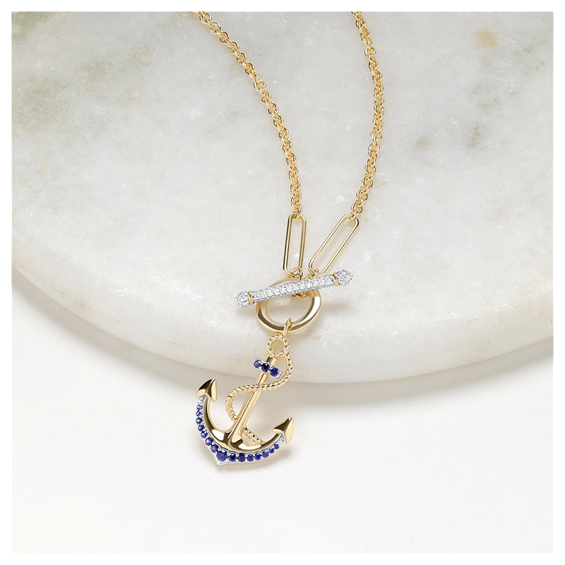 14kt Gold Lab Sapphire and Diamond Anchor Necklace