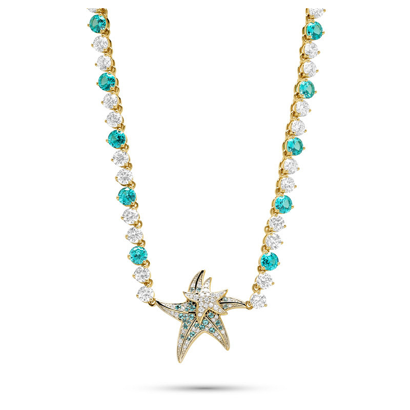 14kt Gold Lab Pariba Sapphire and Diamond Starfish Necklace
