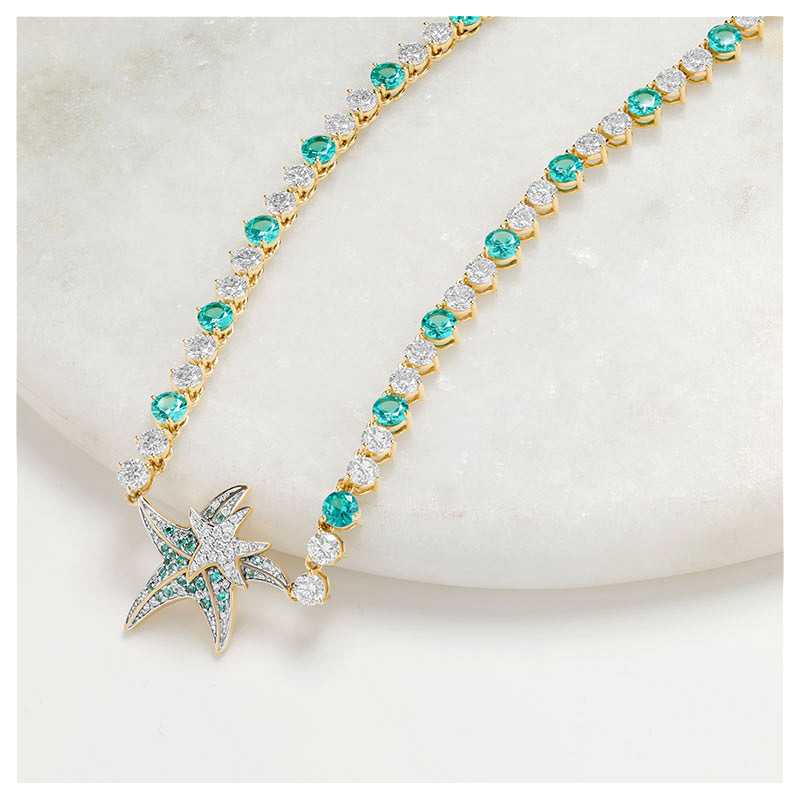 14kt Gold Lab Pariba Sapphire and Diamond Starfish Necklace