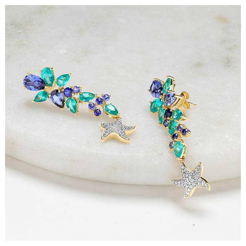 14kt Gold Lab Pariba Sapphire and Diamond Starfish Earrings