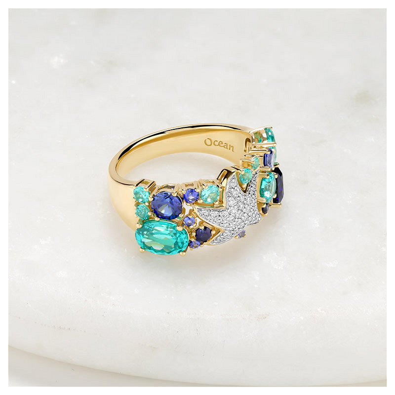 14kt Gold Lab Pariba Sapphire and Diamond Starfish Ring