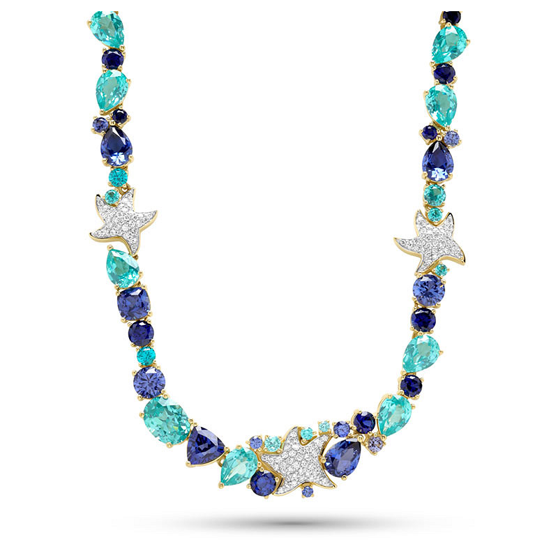 14kt Gold Lab Pariba Sapphire and Diamond Starfish Necklace