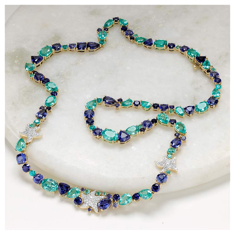 14kt Gold Lab Pariba Sapphire and Diamond Starfish Necklace