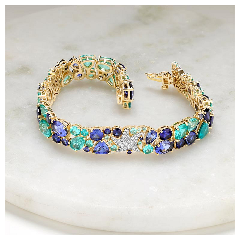14kt Gold Lab Pariba Sapphire and Diamond Starfish Bracelet