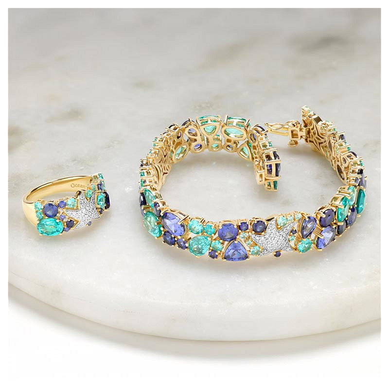 14kt Gold Lab Pariba Sapphire and Diamond Starfish Bracelet