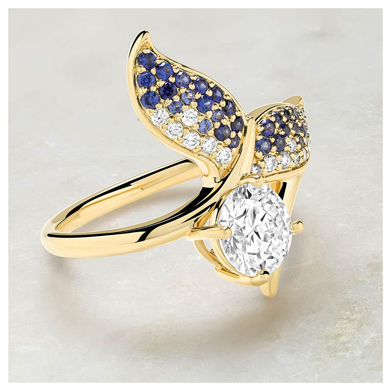 14kt Gold Lab Sapphire and Diamond Whale Tale Ring