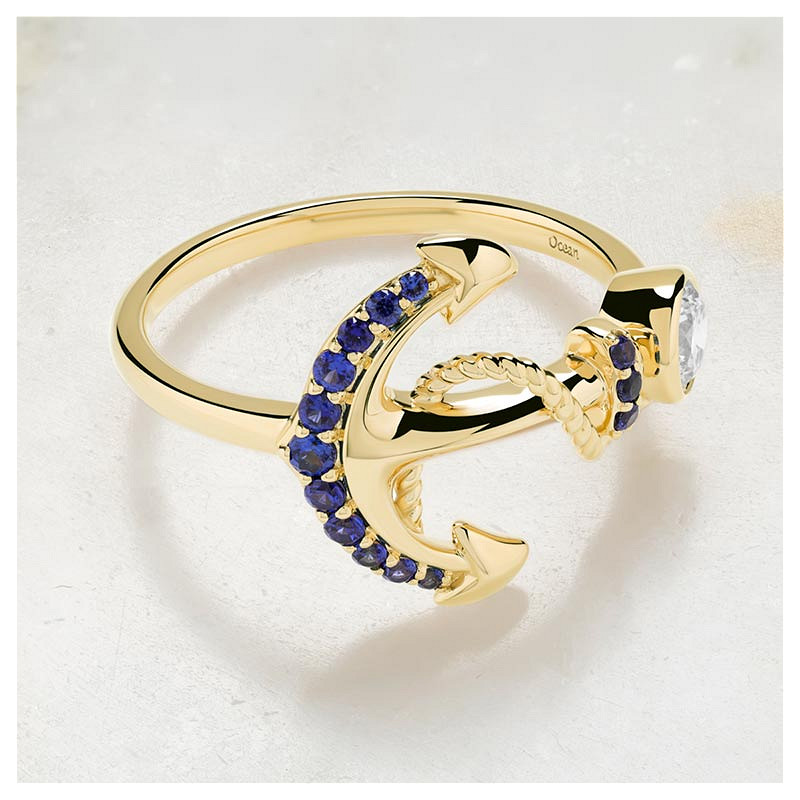 14kt Gold Lab Sapphire and Diamond Anchor Ring
