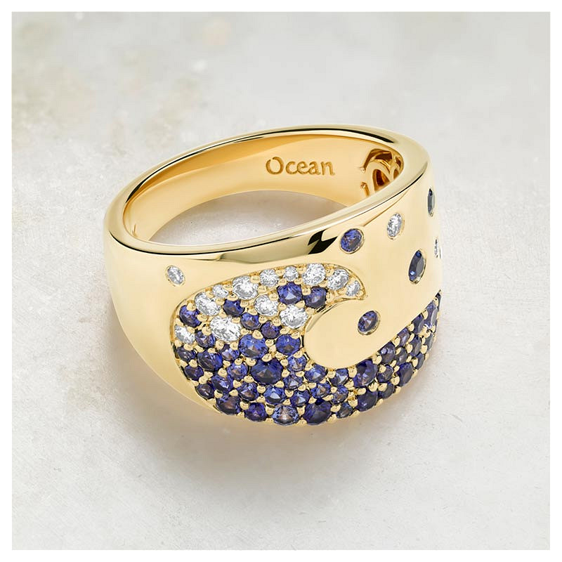 14kt Gold Lab Sapphire and Diamond Wave Ring