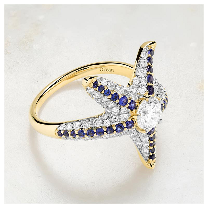 14kt Gold Lab Sapphire and Diamond Star Ring