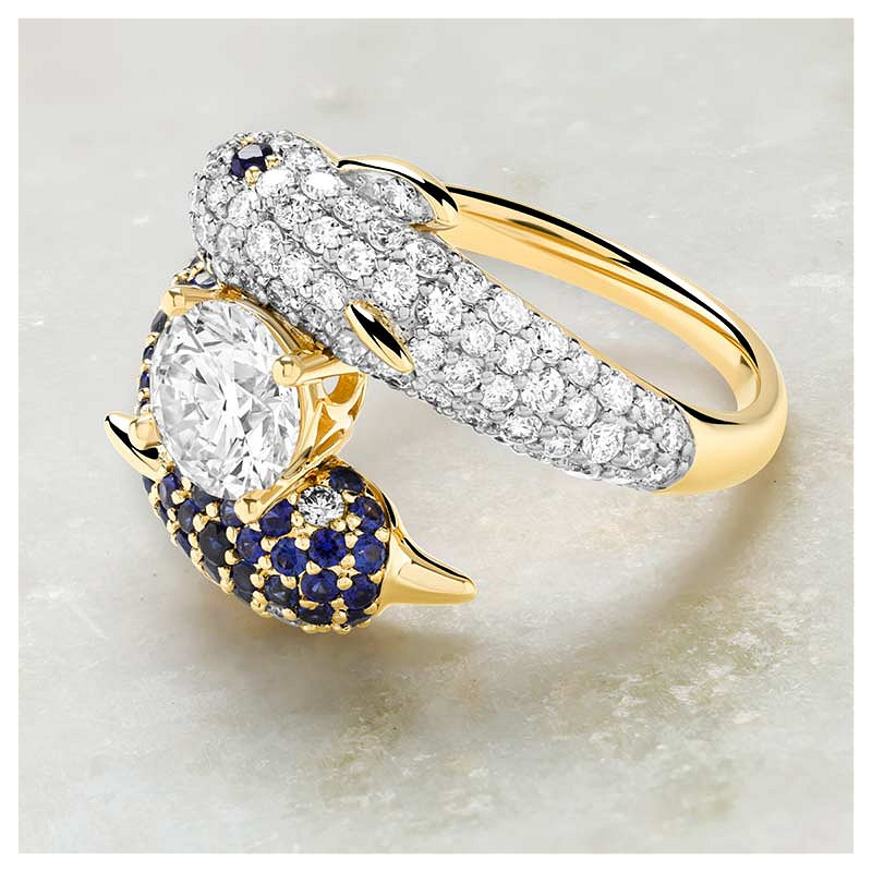 14kt Gold Lab Sapphire and Diamond Dolphin Ring