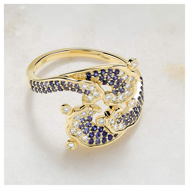 14kt Gold Lab Sapphire and Diamond Wave Ring