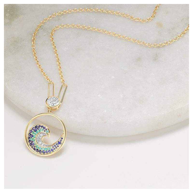 14kt Gold Lab Sapphire and Diamond Wave Necklace