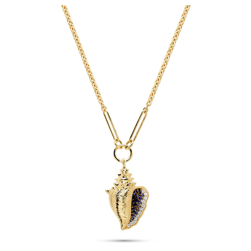 14kt Gold Lab Sapphire and Diamond Con Shell Necklace