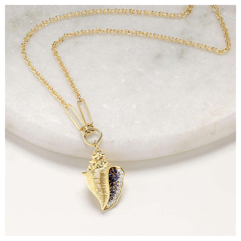 14kt Gold Lab Sapphire and Diamond Con Shell Necklace