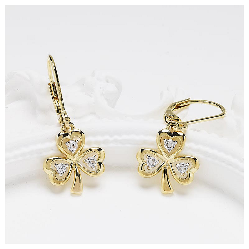 14kt Gold Vermeil Drop Shamrock white Sapphire Earrings