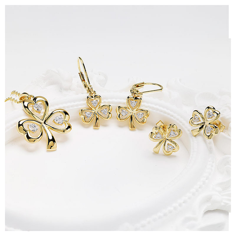 14kt Gold Vermeil Drop Shamrock white Sapphire Earrings