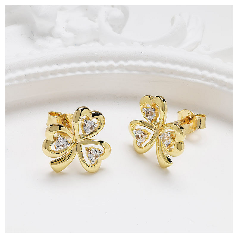 14kt Gold Vermeil Stud Shamrock white Sapphire Earrings