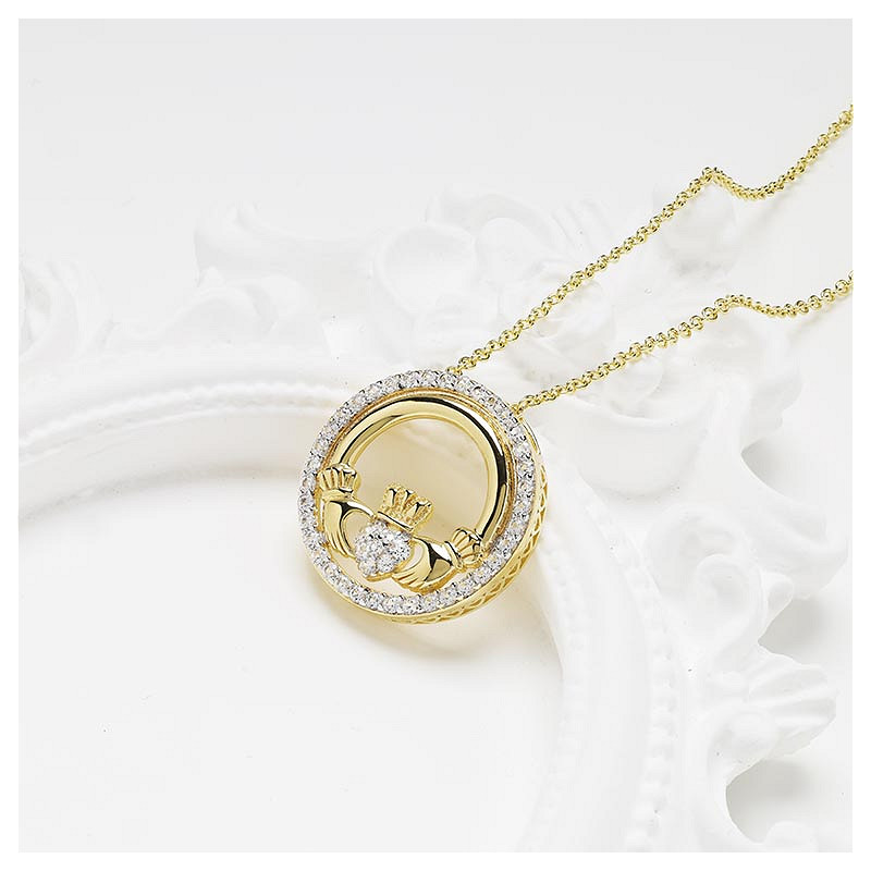 14kt Gold Vermeil Claddagh white Sapphire Necklace