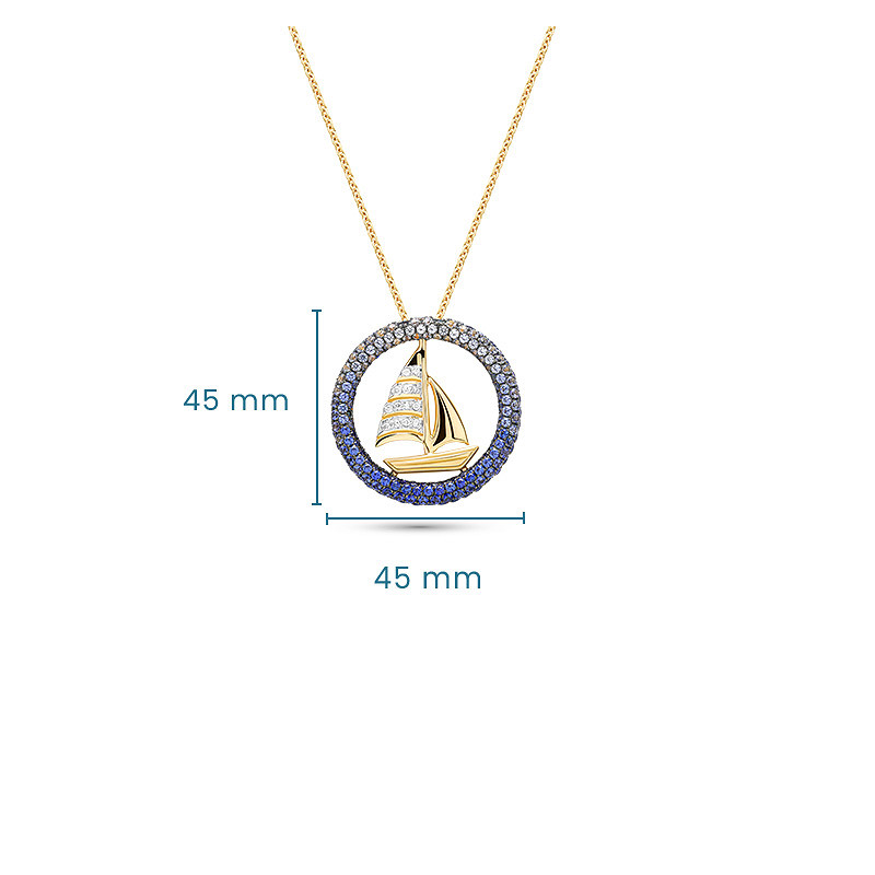 14kt Gold Lab Sapphire Diamond Sail Boat Necklace