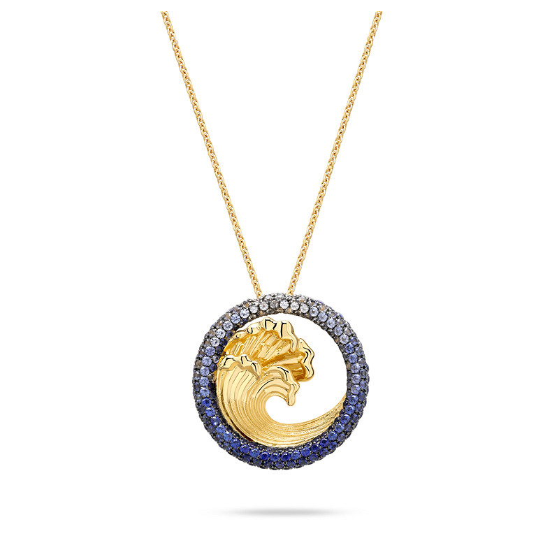 14kt Gold Lab Sapphire Diamond Wave Necklace