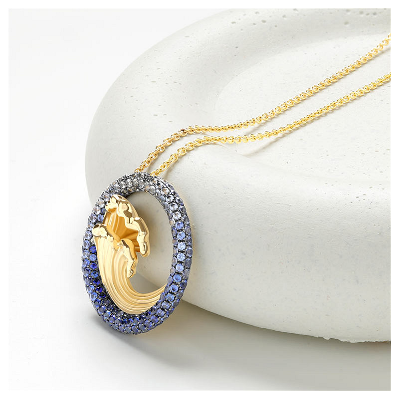 14kt Gold Lab Sapphire Diamond Wave Necklace