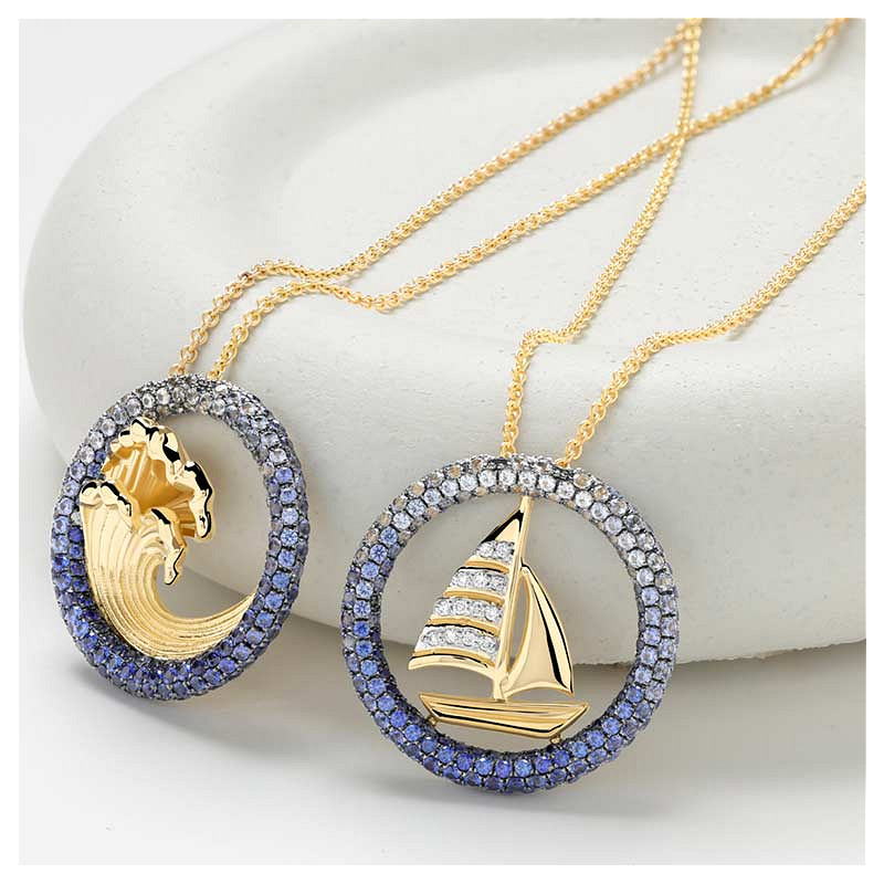 14kt Gold Lab Sapphire Diamond Wave Necklace