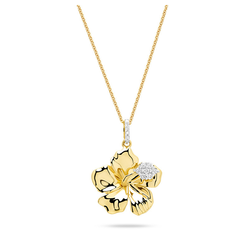 14kt Gold Lab Diamond Hibiscus Flower Necklace