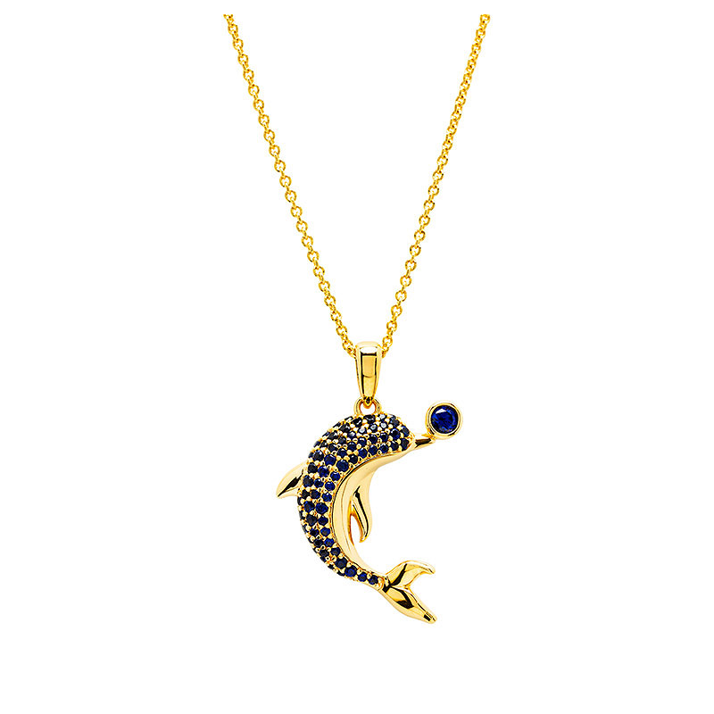 14k Gold Vermeil Blue Lab Sapphire Dolphin Necklace