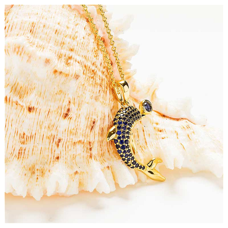 14k Gold Vermeil Blue Lab Sapphire Dolphin Necklace