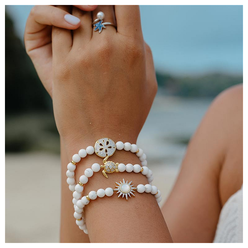 14Kt Gold Vermeil White Agate Turtle Stretchy Bracelet