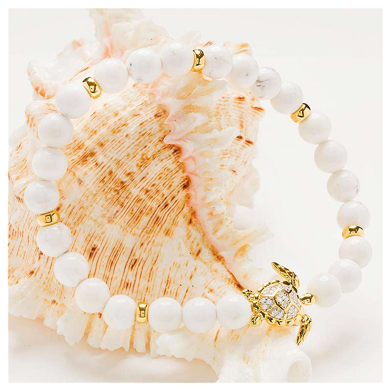 14Kt Gold Vermeil White Agate Turtle Stretchy Bracelet