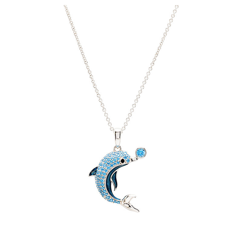 Sterling Silver Sapphire Enamel and CZ Dolphin Necklace