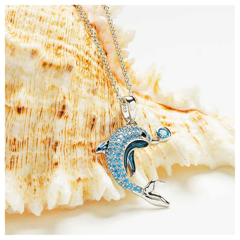 Sterling Silver Sapphire Enamel and CZ Dolphin Necklace
