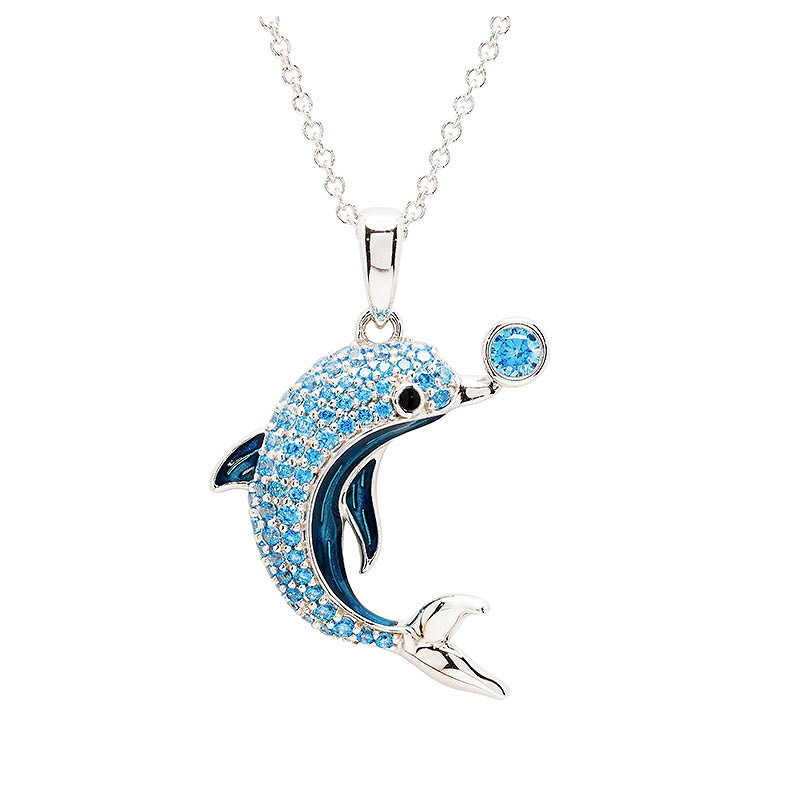 Sterling Silver Sapphire Enamel and CZ Dolphin Necklace