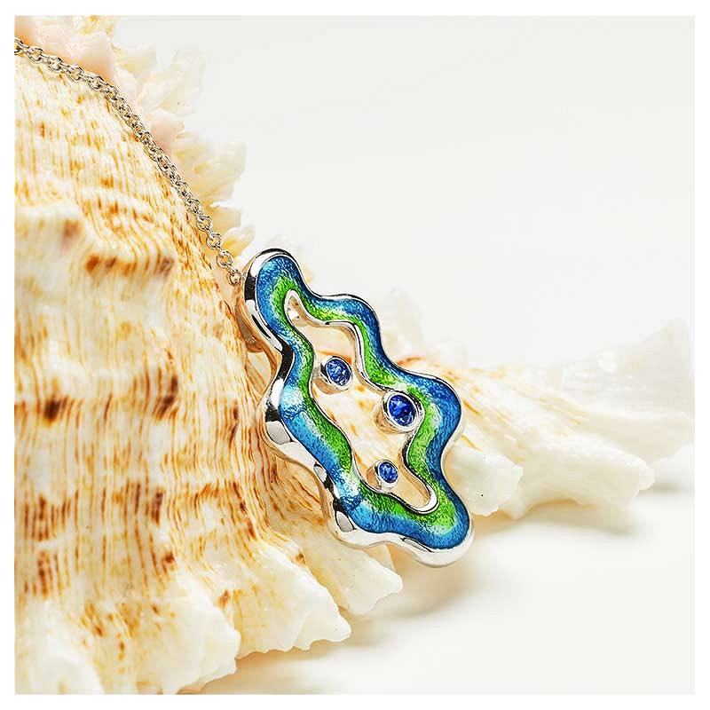Sterling Silver Blue Enamel and CZ Coral Necklace